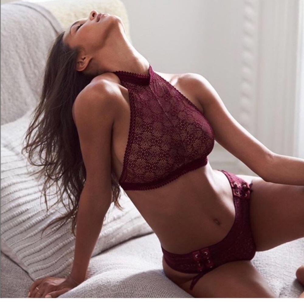VS Lace High Neck Halter Bralette Bra Top Wine Burgundy